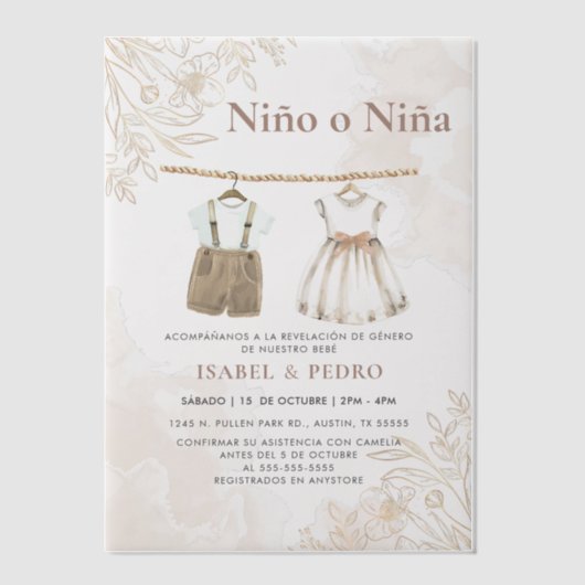 Wildflower Babykleding Spaans Geslacht Onthulling Vellum Uitnodigingen (Voorkant)