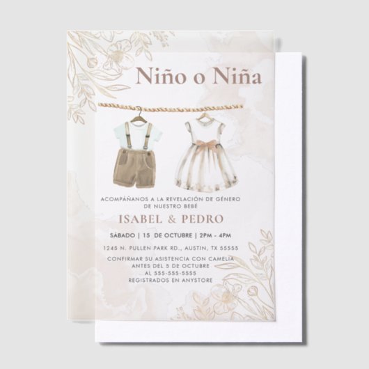 Wildflower Babykleding Spaans Geslacht Onthulling Vellum Uitnodigingen (Offset)