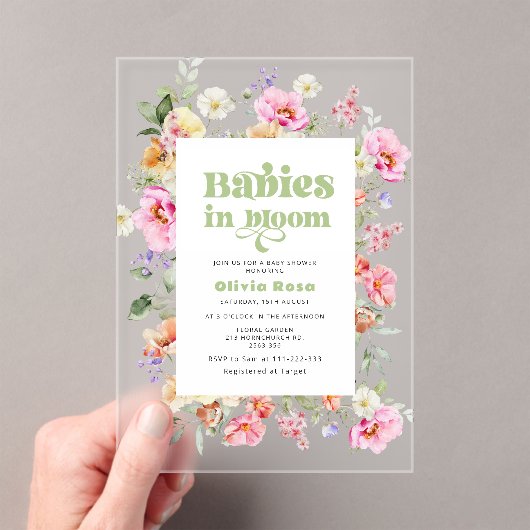 Wildflower Baby's in Bloom Twin Girls Baby shower Acryl Uitnodigingen (Insitu (Draagbaar))