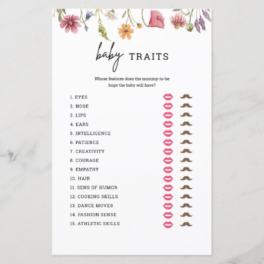 Wildflower-babyshower baby eigenschappen spelkaart (Voorkant)