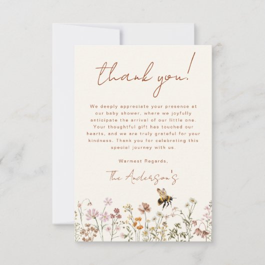 Wildflower Bee Baby shower Bedankt Card (Voorkant)
