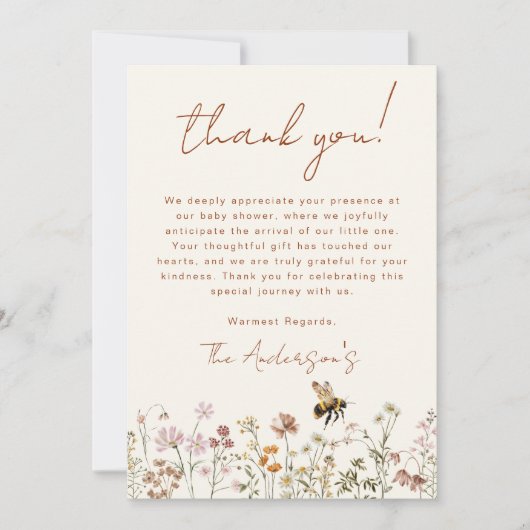 Wildflower Bee Baby shower Bedankt Card (Voorkant)
