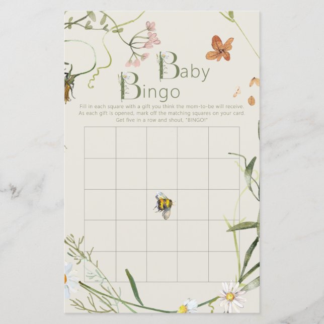 Wildflower Bee Beige Baby shower Bingo Game Kaart (Voorkant)