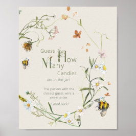 Wildflower Bee Beige Baby shower Hoeveel Snoepjes Poster