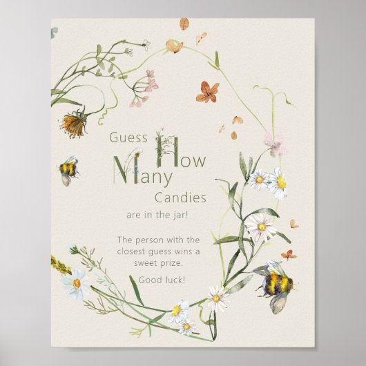 Wildflower Bee Beige Baby shower Hoeveel Snoepjes Poster (Voorkant)