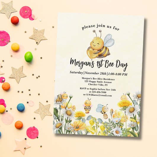 Wildflower Bee Een 1e Eerste Bijendag Verjaardag Kaart