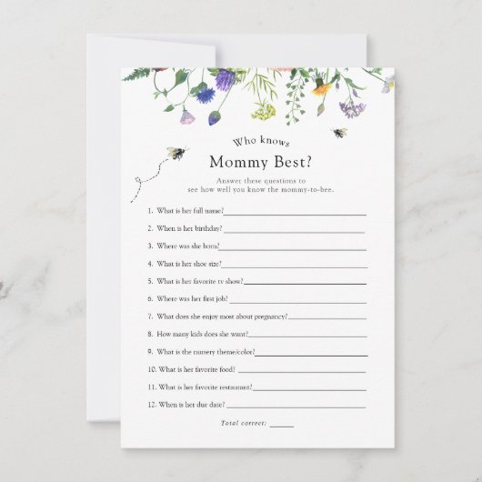 Wildflower Bee Wie Weet Mama Beste Douche Spel Kaart (Voorkant)