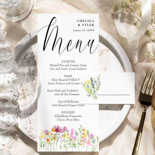Wildflower beemdje Elegant Script Weddenschap Menu
