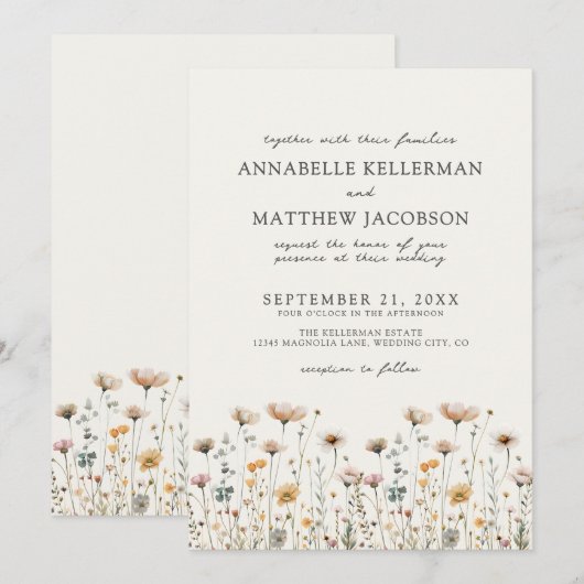 Wildflower Beige Boho Floral Wedding Kaart (Voorkant / Achterkant)