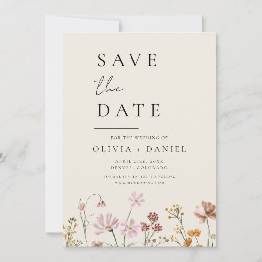 Wildflower Beige Boho Save the Date Minimalist (Voorkant)