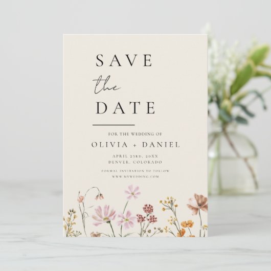 Wildflower Beige Boho Save the Date Minimalist (Staand voorkant)