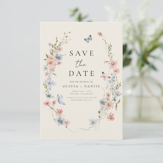 Wildflower Beige Boho Save the Date Minimalist (Staand voorkant)