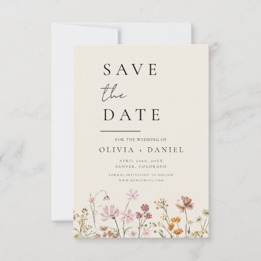 Wildflower Beige Boho Save the Date Minimalist (Voorkant)