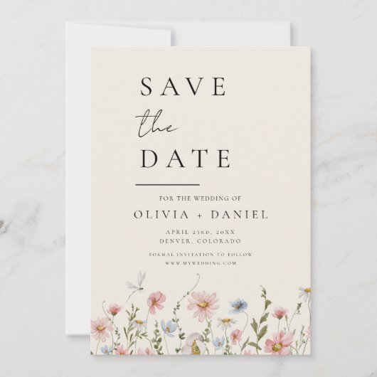 Wildflower Beige Boho Save the Date Minimalist (Voorkant)