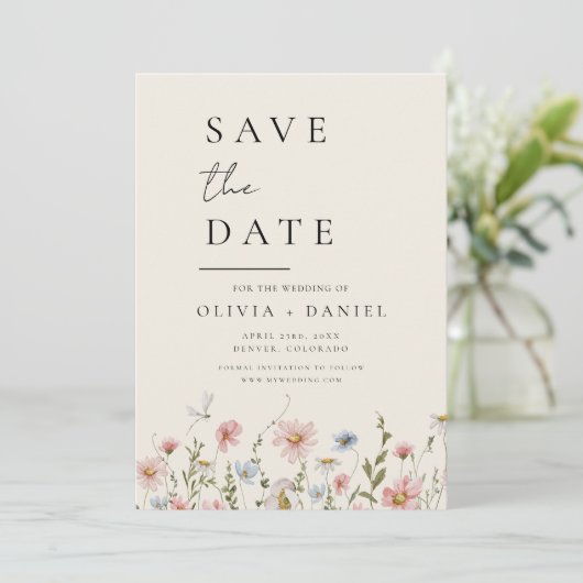 Wildflower Beige Boho Save the Date Minimalist (Staand voorkant)