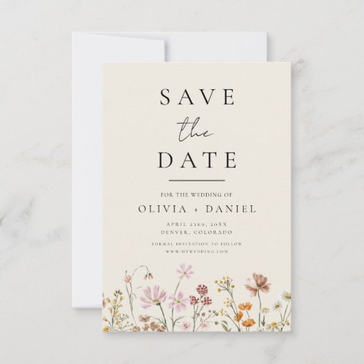 Wildflower Beige Boho Save the Date Minimalist (Voorkant)