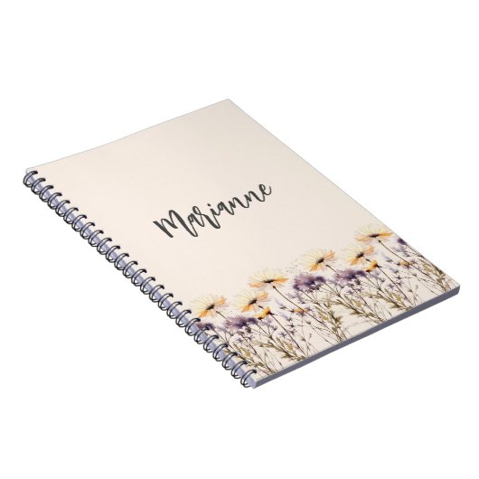 Wildflower beige geel aangepaste naam script notitieboek (Rechterzijde)
