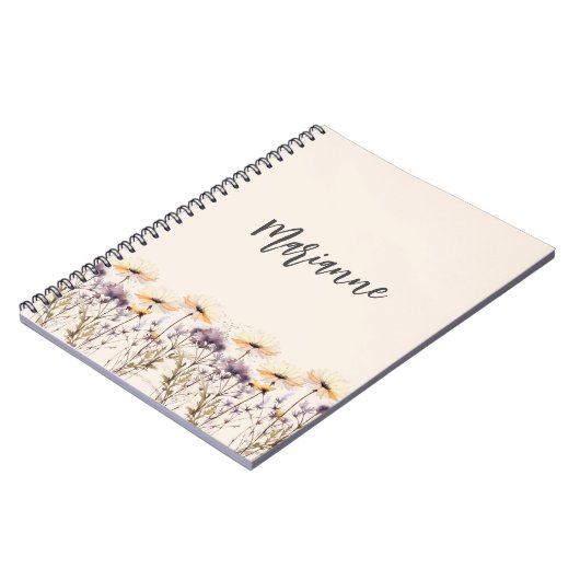 Wildflower beige geel aangepaste naam script notitieboek (Linkerzijde)