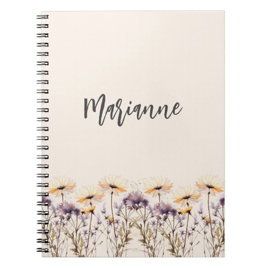 Wildflower beige geel aangepaste naam script notitieboek (Voorkant)