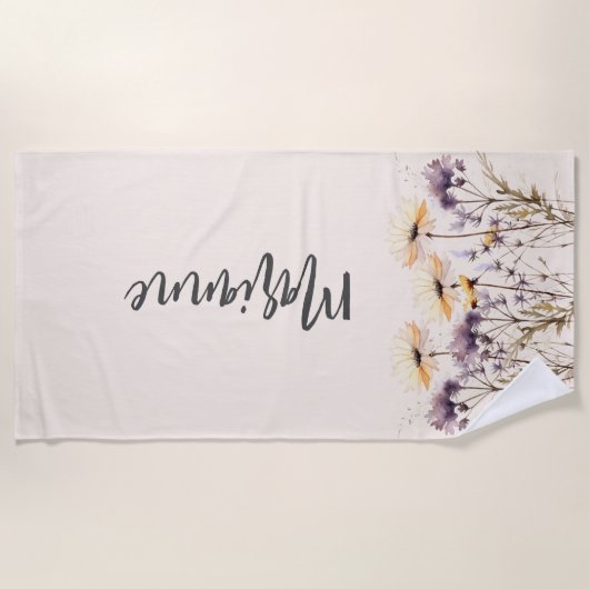 Wildflower beige geel aangepaste naam script strandlaken (Voorkant)