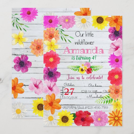 Wildflower Birthday Invitation, Flower Invite Kaart (Voorkant / Achterkant)