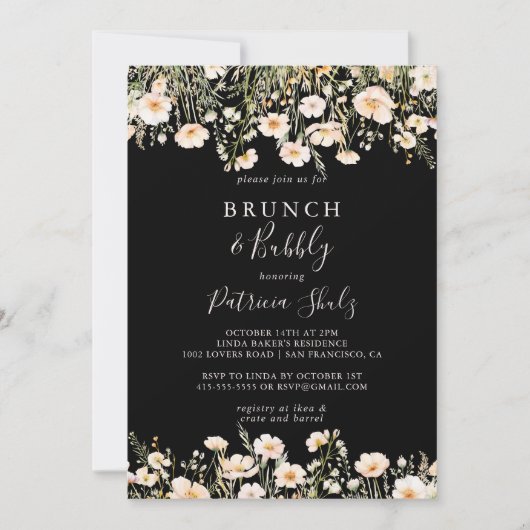 Wildflower Black Brunch en Bubbly Vrijgezellenfees Kaart (Voorkant)
