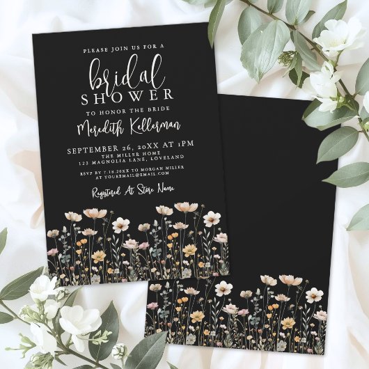 Wildflower Black Elegant Bridal Shower Kaart