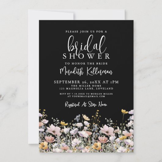 Wildflower Black Floral Bridal Shower Kaart (Voorkant)