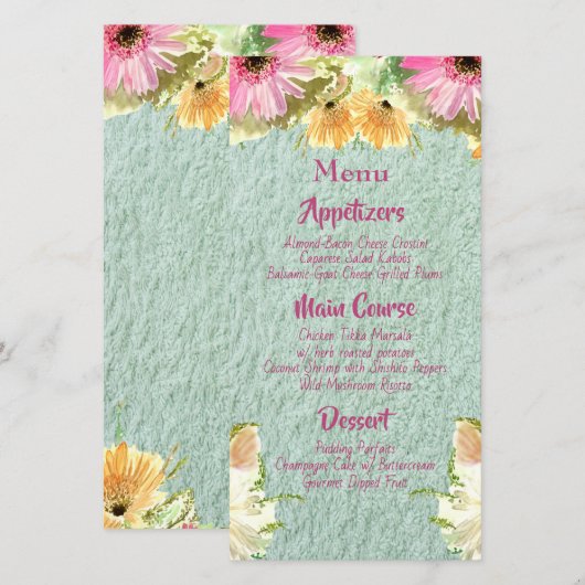 Wildflower Blauw Bruiloft Menu's (Voorkant / Achterkant)