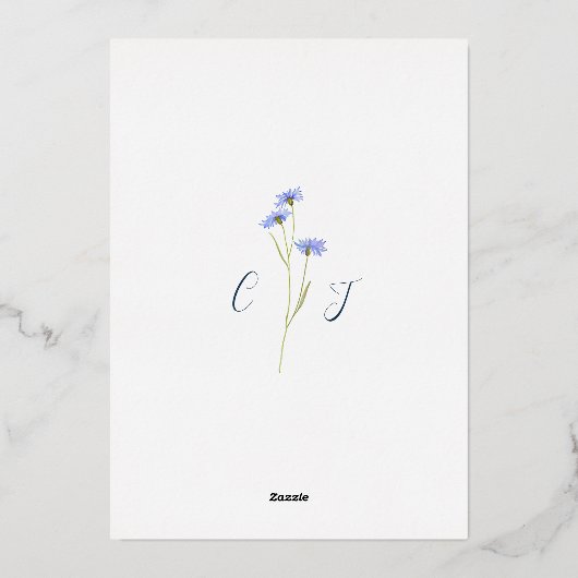 Wildflower blauw en goud rustieke bruiloft folie uitnodiging (Achterkant)