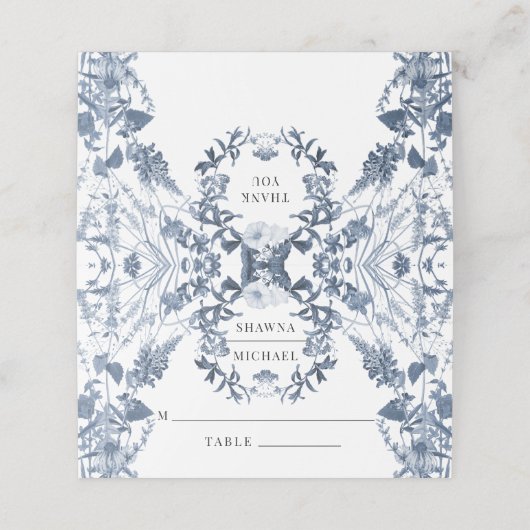 Wildflower Blauw en Wit Bloemen Bruiloft Receptie Plaatskaartje (Buitenkant ongevouwen)