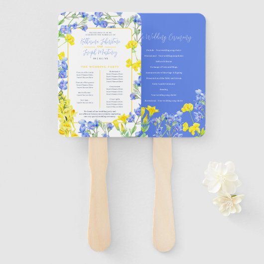 Wildflower blauw geel waterverf bruiloft programma handwaaier (Voorkant en achterkant)