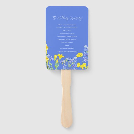 Wildflower blauw geel waterverf bruiloft programma handwaaier (Achterkant)