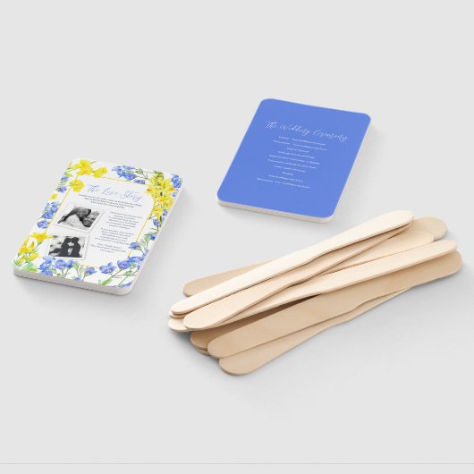 Wildflower blauw geel waterverf bruiloft programma handwaaier (Niet-gemonteerd)