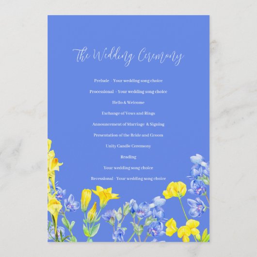 Wildflower blauw geel waterverf bruiloft programma programmakaart (Achterkant)