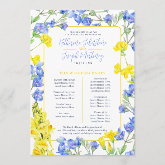 Wildflower blauw geel waterverf bruiloft programma programmakaart (Voorkant)