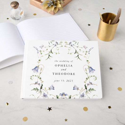 Wildflower Blauwe Waterverf bruiloft Monogram Gastenboek (Voorkant open)