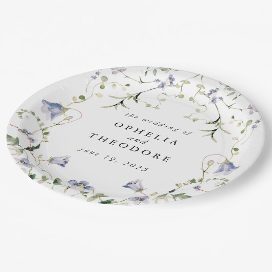 Wildflower Blauwe Waterverf bruiloft Monogram Papieren Bordje (Gekanteld)