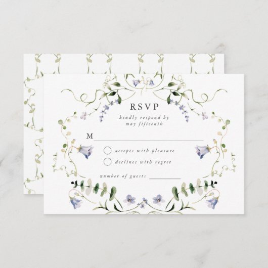 Wildflower Blauwe Waterverf Elegant Huwelijk RSVP Informatiekaartje (Voorkant / Achterkant)