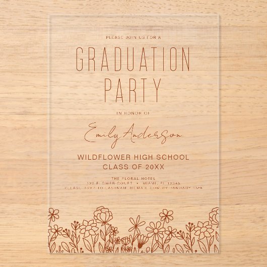 Wildflower Bloei Afstudeerfeest Boho Acryl Uitnodigingen (Voorkant)