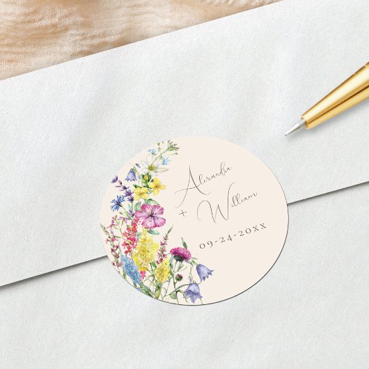 Wildflower Bloemen Beige Boho Bruiloft Ronde Sticker