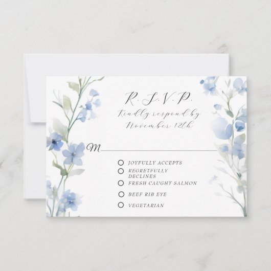 Wildflower Bloemen Blauw en Wit Elegant Bruiloft RSVP Kaartje (Voorkant)