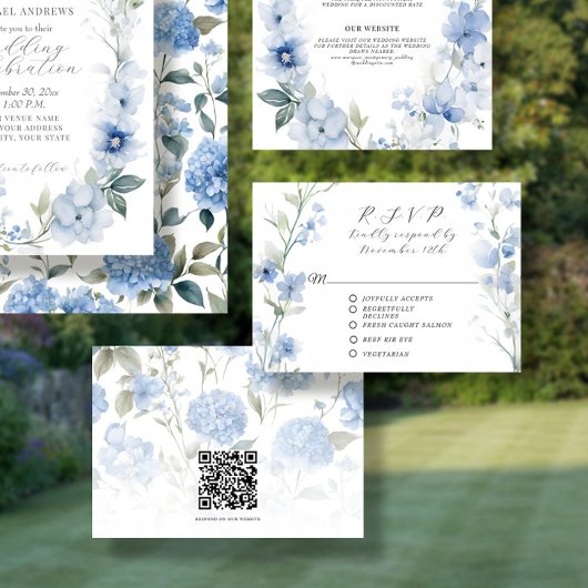 Wildflower Bloemen Blauw en Wit Elegant Bruiloft RSVP Kaartje