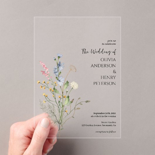 Wildflower Bloemen Elegante Rustieke bruiloft Acryl Uitnodigingen (Insitu (Draagbaar))