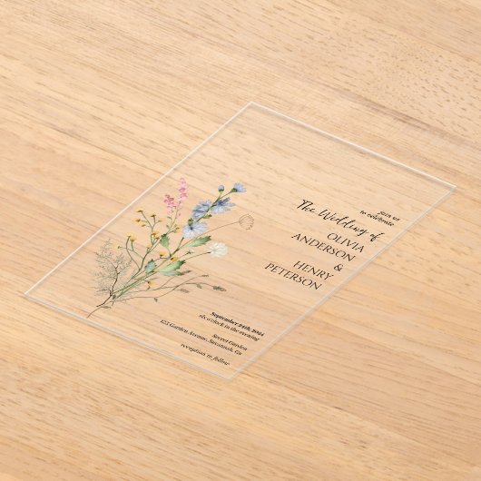 Wildflower Bloemen Elegante Rustieke bruiloft Acryl Uitnodigingen (Laagn)