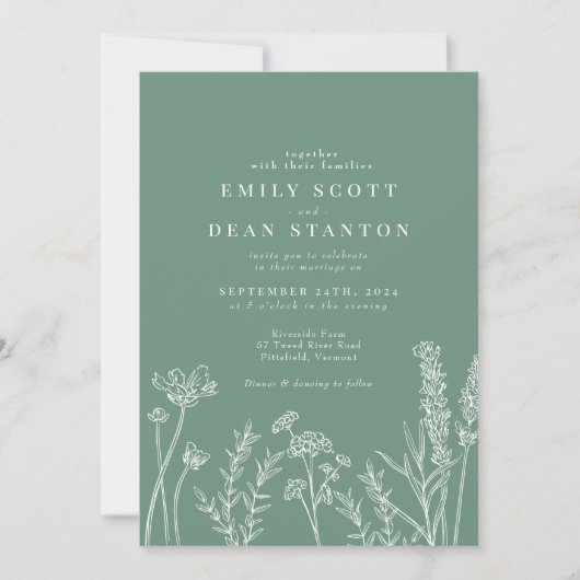 Wildflower Bloemen Groene Bruiloft Uitnodiging (Voorkant)