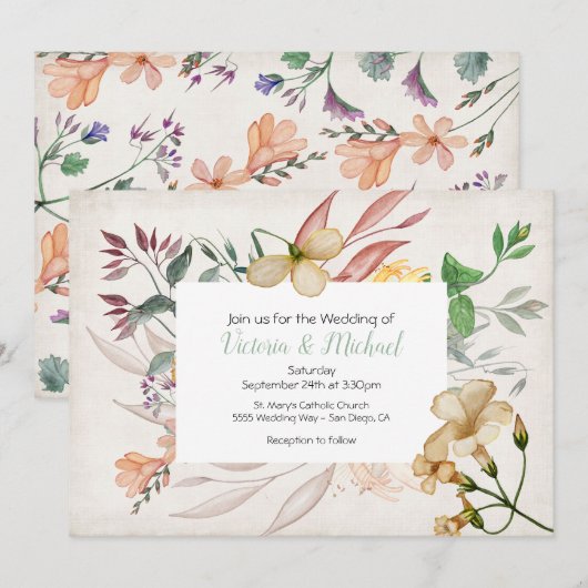 Wildflower Bloemen Lijst Huwelijksuitnodiging Kaart (Voorkant / Achterkant)