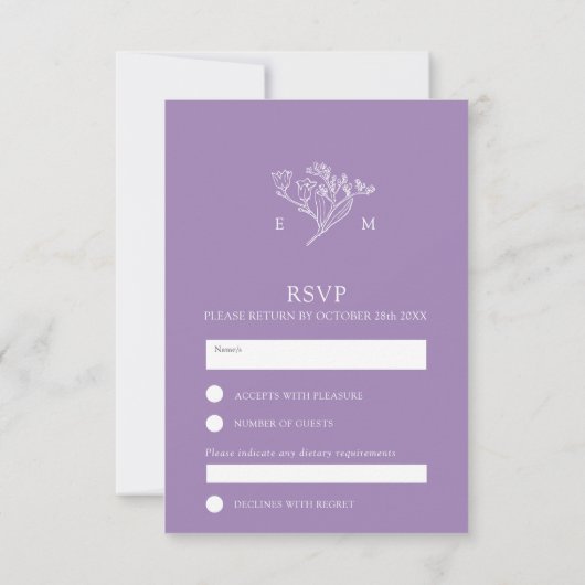 Wildflower bloemen paarse herfst bruiloft eenvoudi RSVP kaartje (Achterkant)