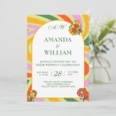 Wildflower  Bloemen Regenboog Retro Bruiloft Kaart (Staand voorkant)