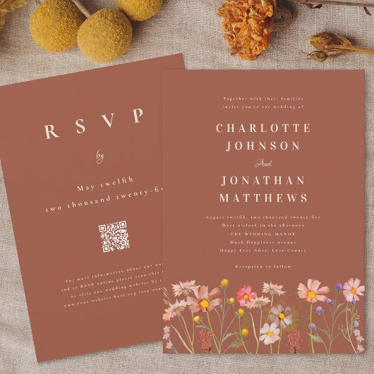 Wildflower Bloemen Terracotta Beige Fall Wedding Kaart